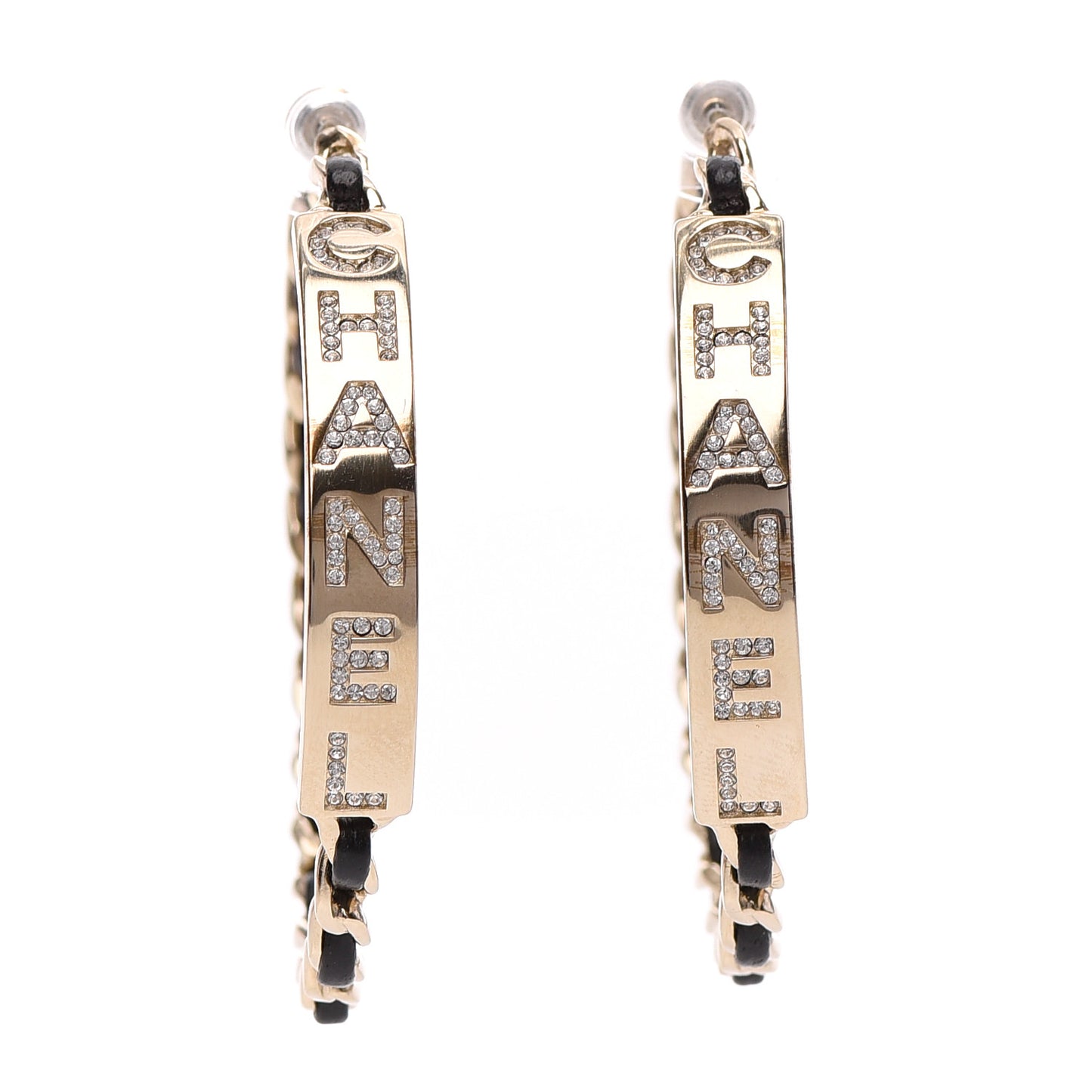 Metal Lambskin Crystal Sergeant Chanel Hoop Earrings Gold Gold