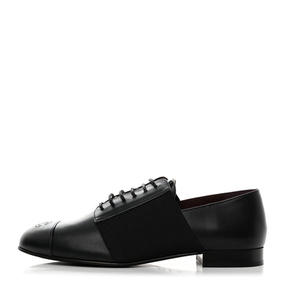 Chanel Calfskin Elastic Lace Up Cap Toe CC Loafers 38 Black 1 of 9