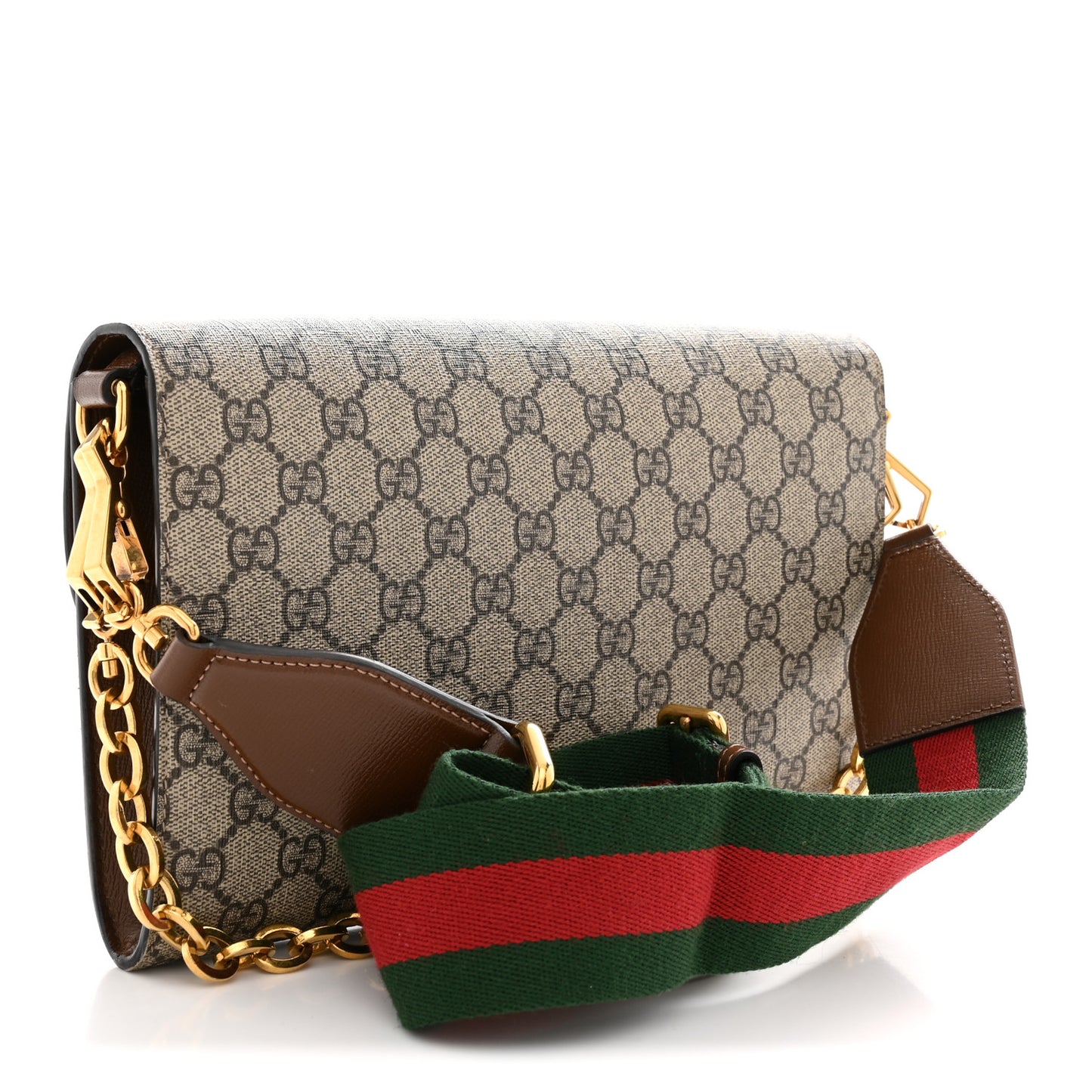 GG Supreme Monogram Azalea Calfskin Web Small Horsebit 1955 Crossbody Bag Beige Ebony Brown Sugar