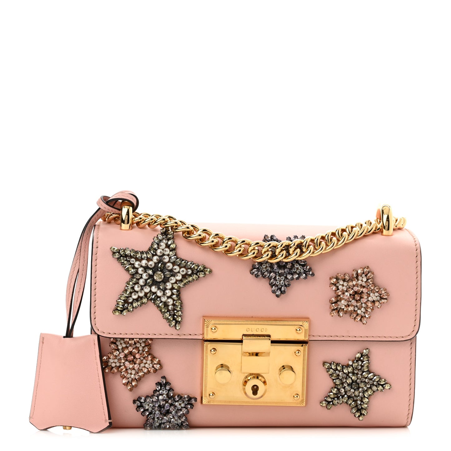 Calfskin Crystal Star Embroidered Small Padlock Shoulder Bag Perfect Pink Multicolor