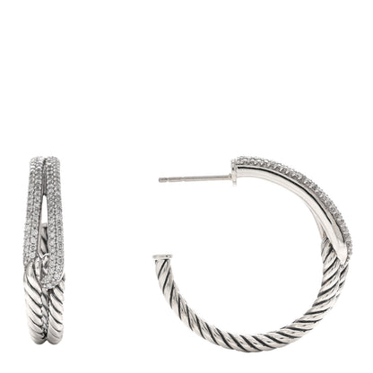 David Yurman Sterling Silver Diamond Single Loop Labyrinth Hoop Earrings 1 of 4