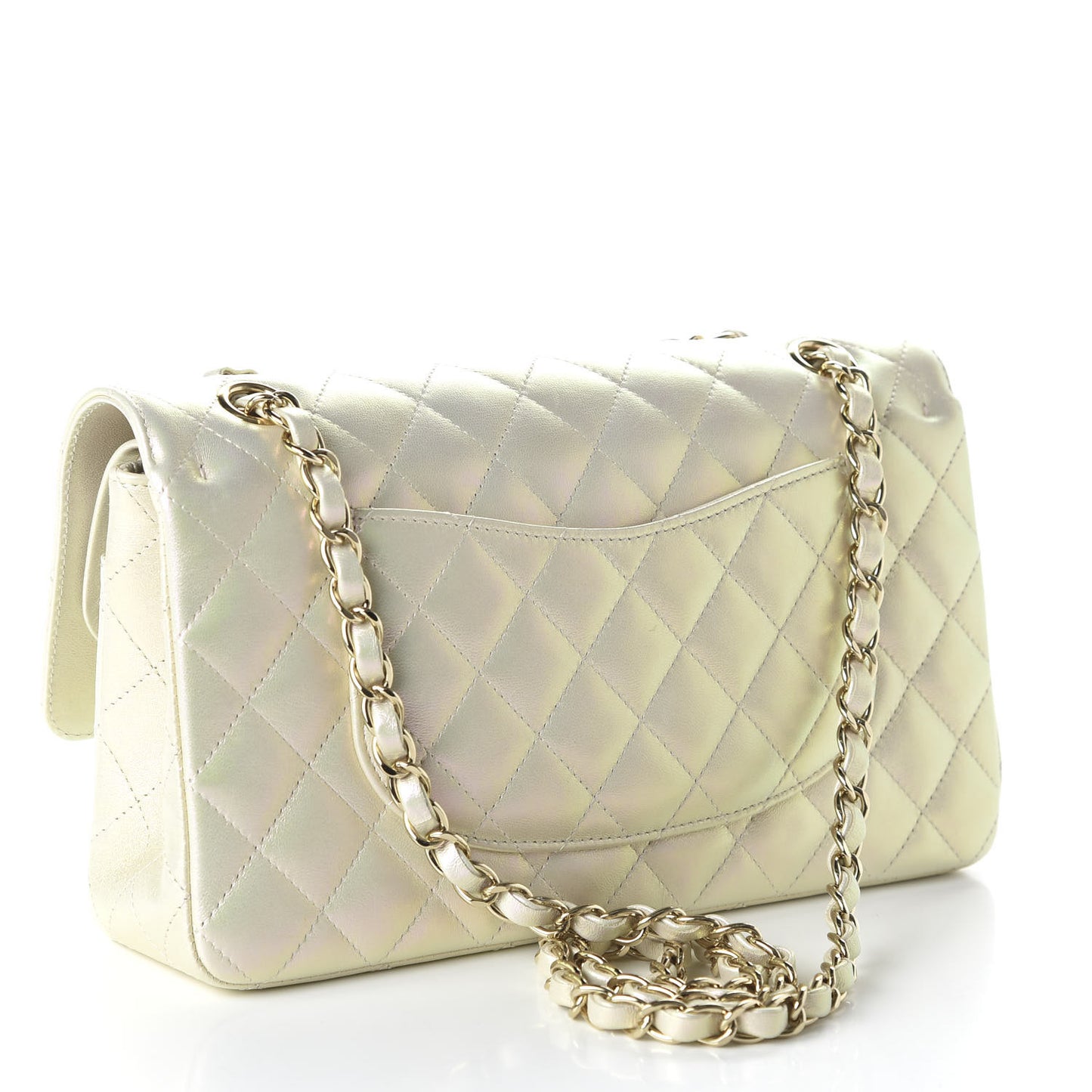 Iridescent Lambskin Quilted Medium Double Flap Ivory