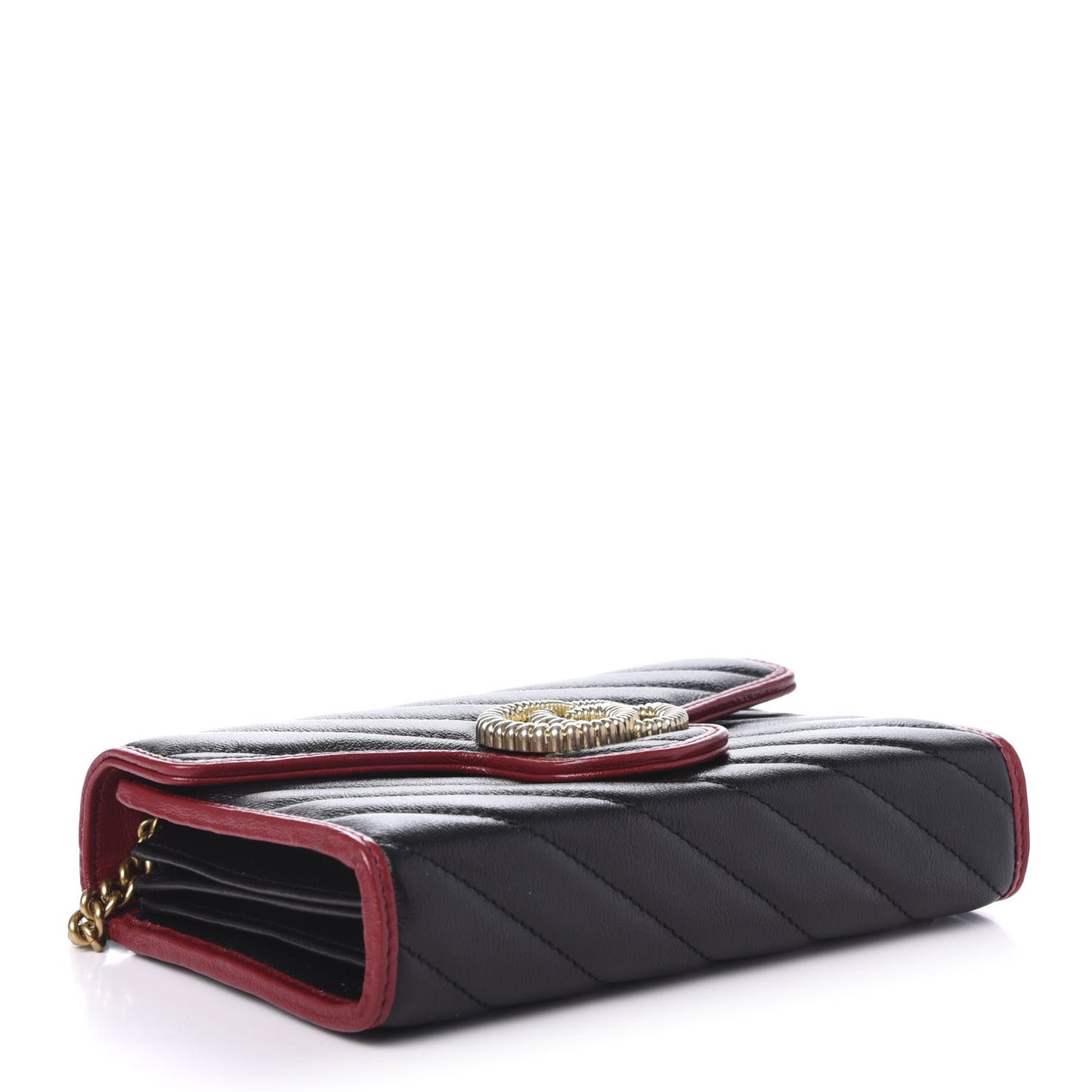 Vintage Effect Calfskin Matelasse Diagonal Torchon GG Marmont Chain Wallet Black Romantic Cherry