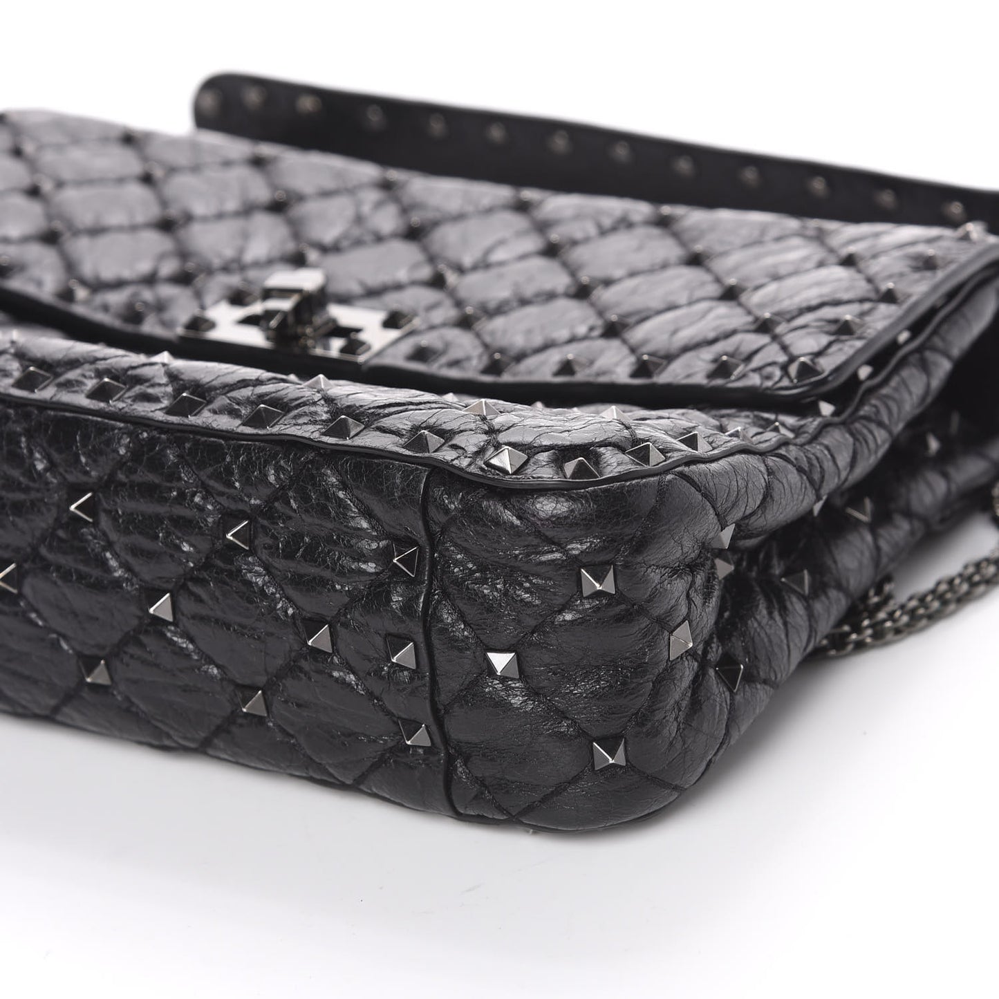 Craquele Nappa Medium Rockstud Spike Shoulder Bag Black