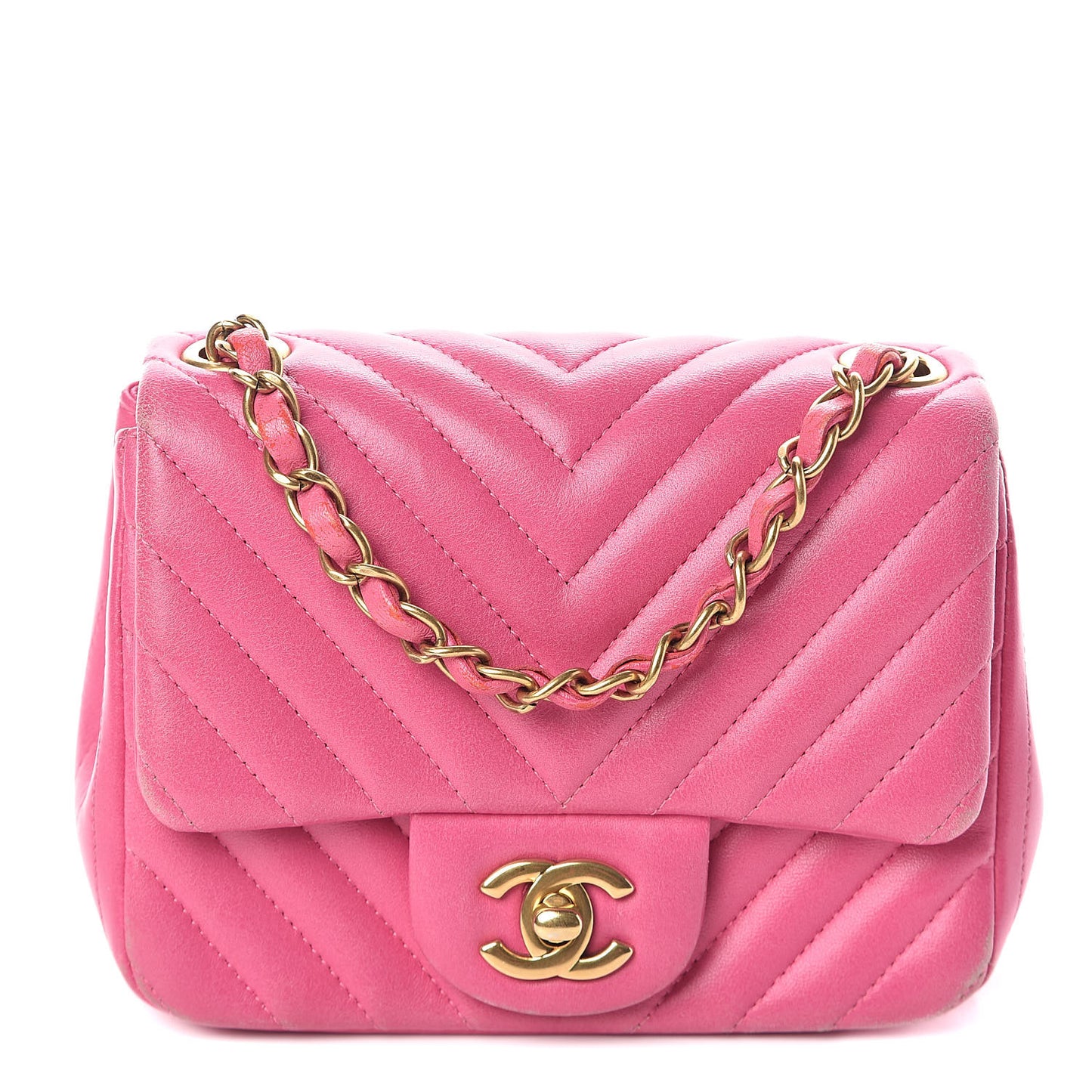 Lambskin Chevron Quilted Mini Square Flap Fuchsia