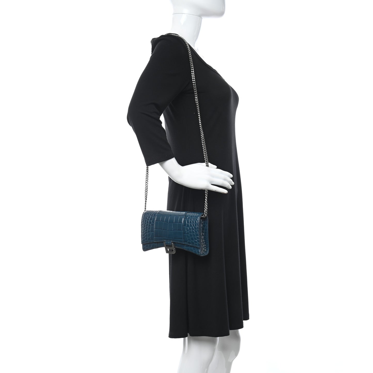 Shiny Calfskin Crocodile Embossed Hourglass Chain Bag Dark Petrol Blue
