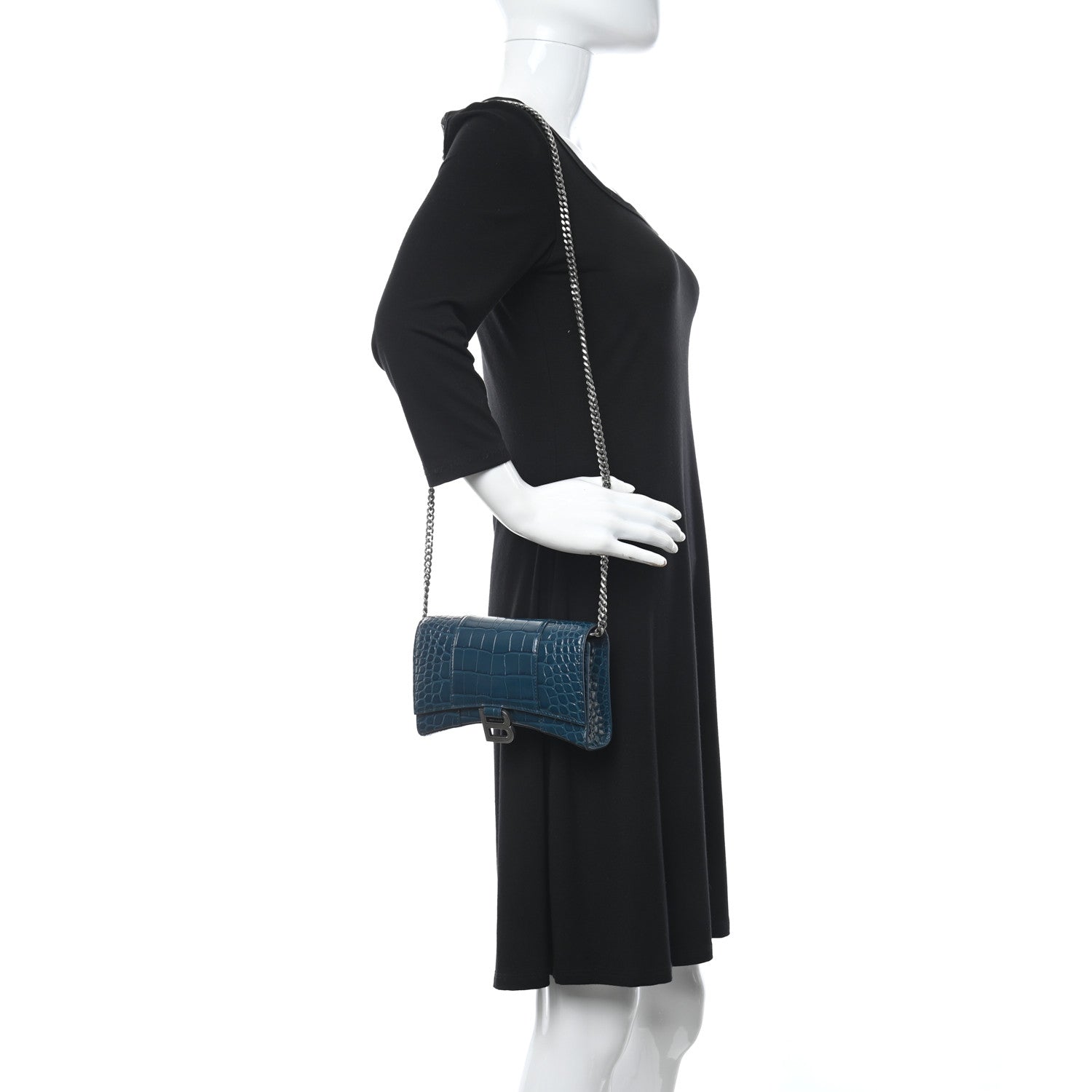 Balenciaga Shiny Calfskin Crocodile Embossed Hourglass Chain Bag Dark Petrol Blue 2 of 9