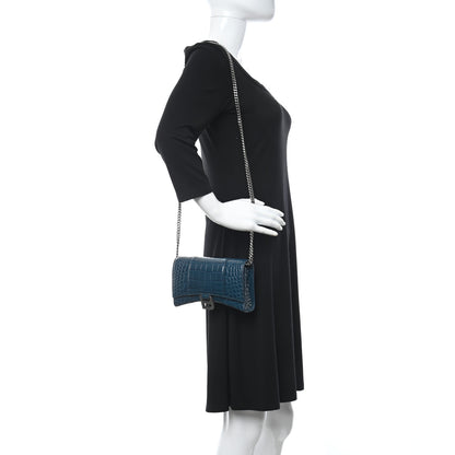 Balenciaga Shiny Calfskin Crocodile Embossed Hourglass Chain Bag Dark Petrol Blue 2 of 9