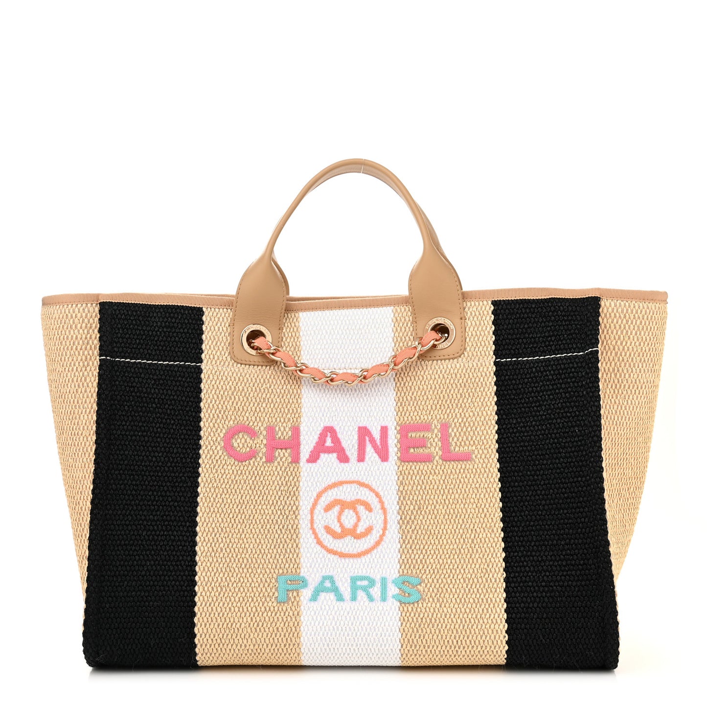 Straw Raffia Calfskin Striped Medium Deauville Tote Black Beige Ivory