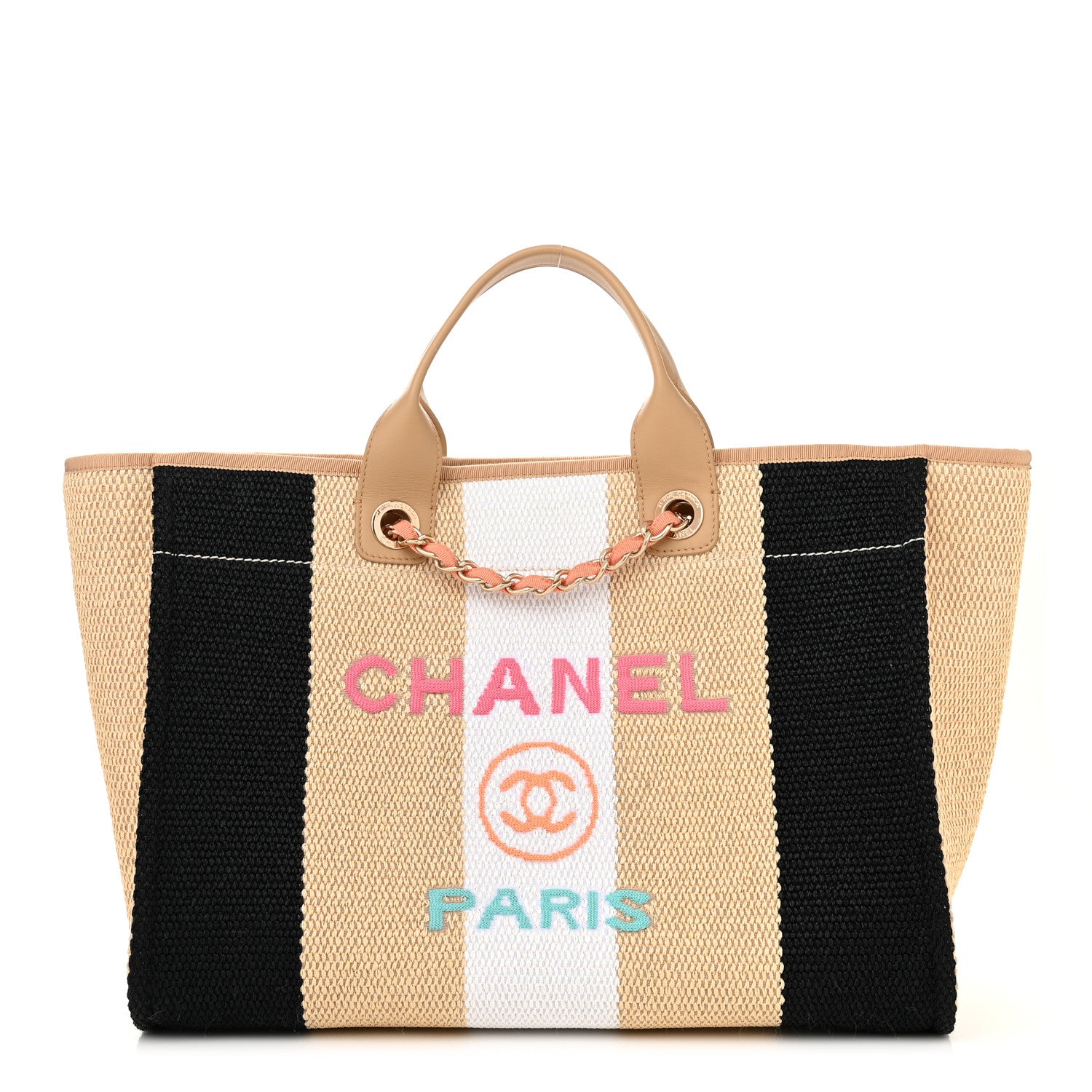 Chanel Straw Raffia Calfskin Striped Medium Deauville Tote Black Beige Ivory 1 of 10