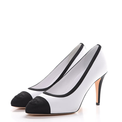 Chanel Lambskin Grosgrain Cap Toe CC Pumps 37 White Black 6 of 9