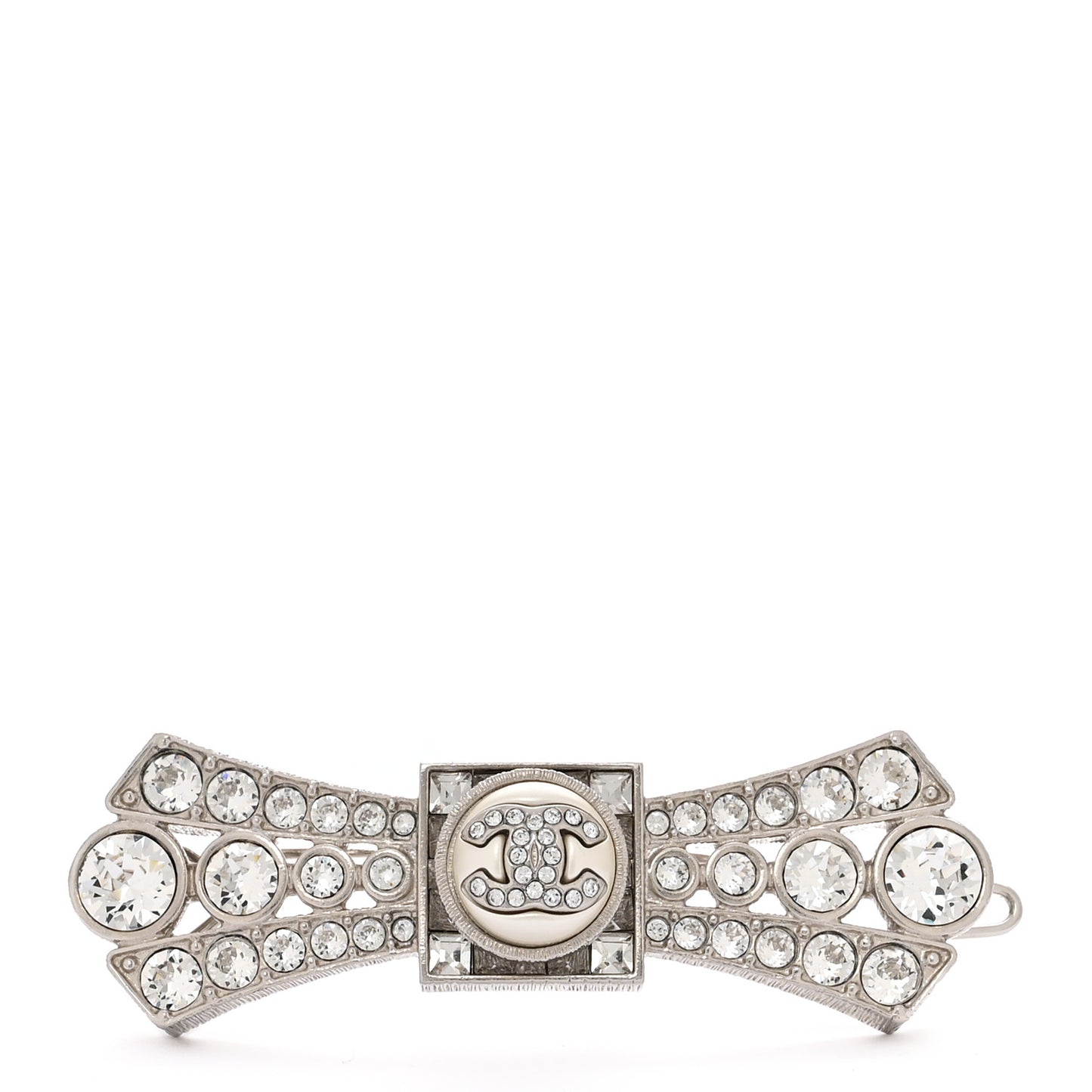 Metal Crystal CC Logo Bow Brooch Silver