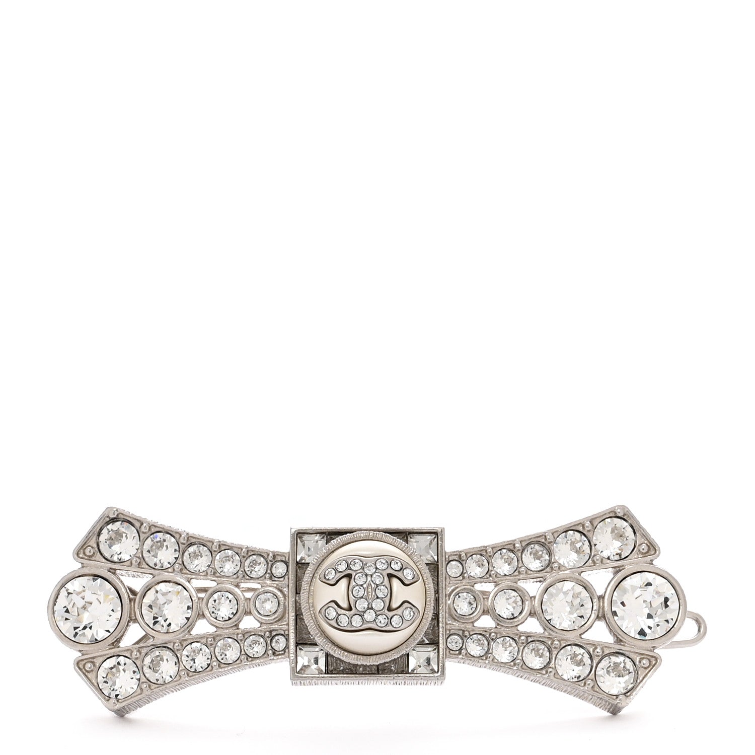 Chanel Metal Crystal CC Logo Bow Brooch Silver 1 of 3