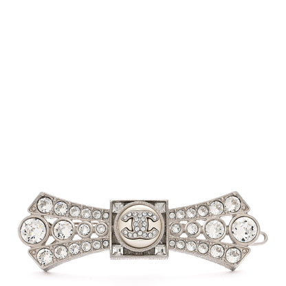 Chanel Metal Crystal CC Logo Bow Brooch Silver 1 of 3