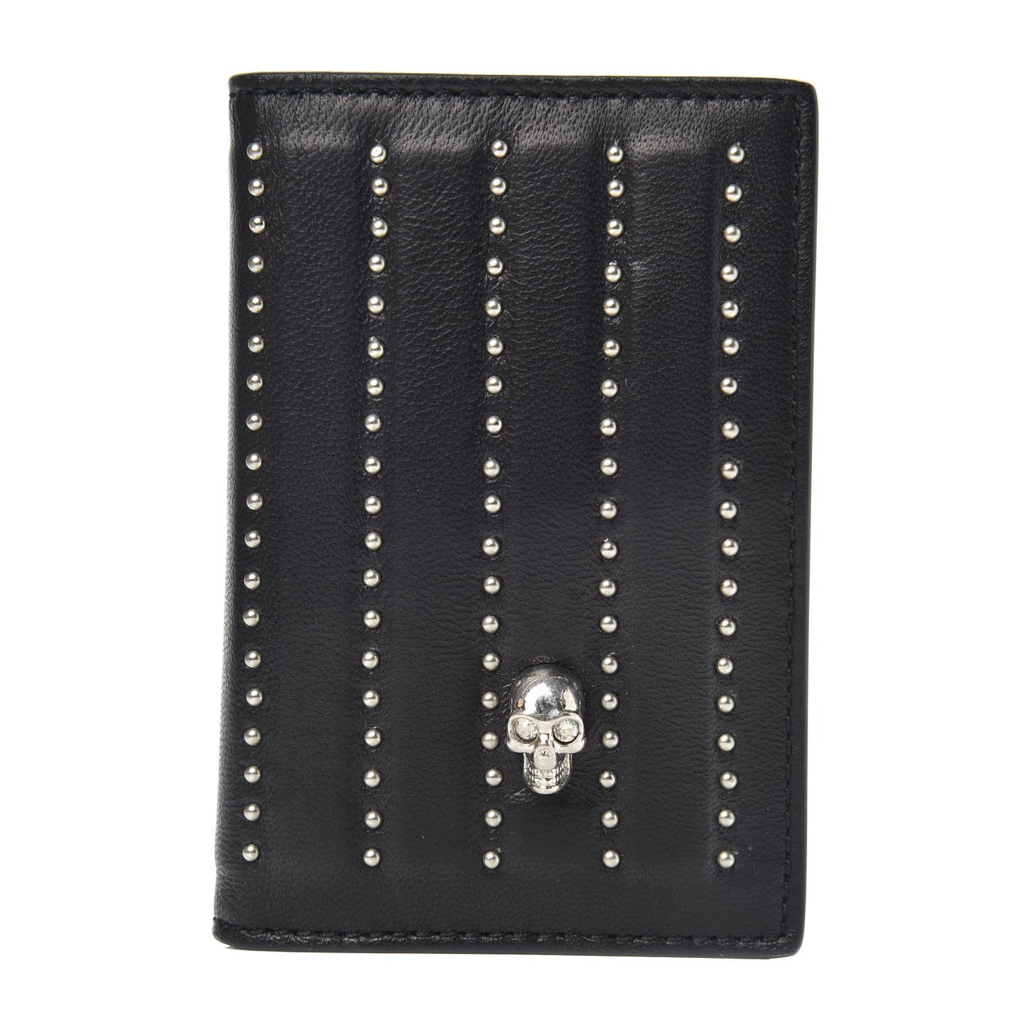 Calfskin Studded Skull Card Holder Black