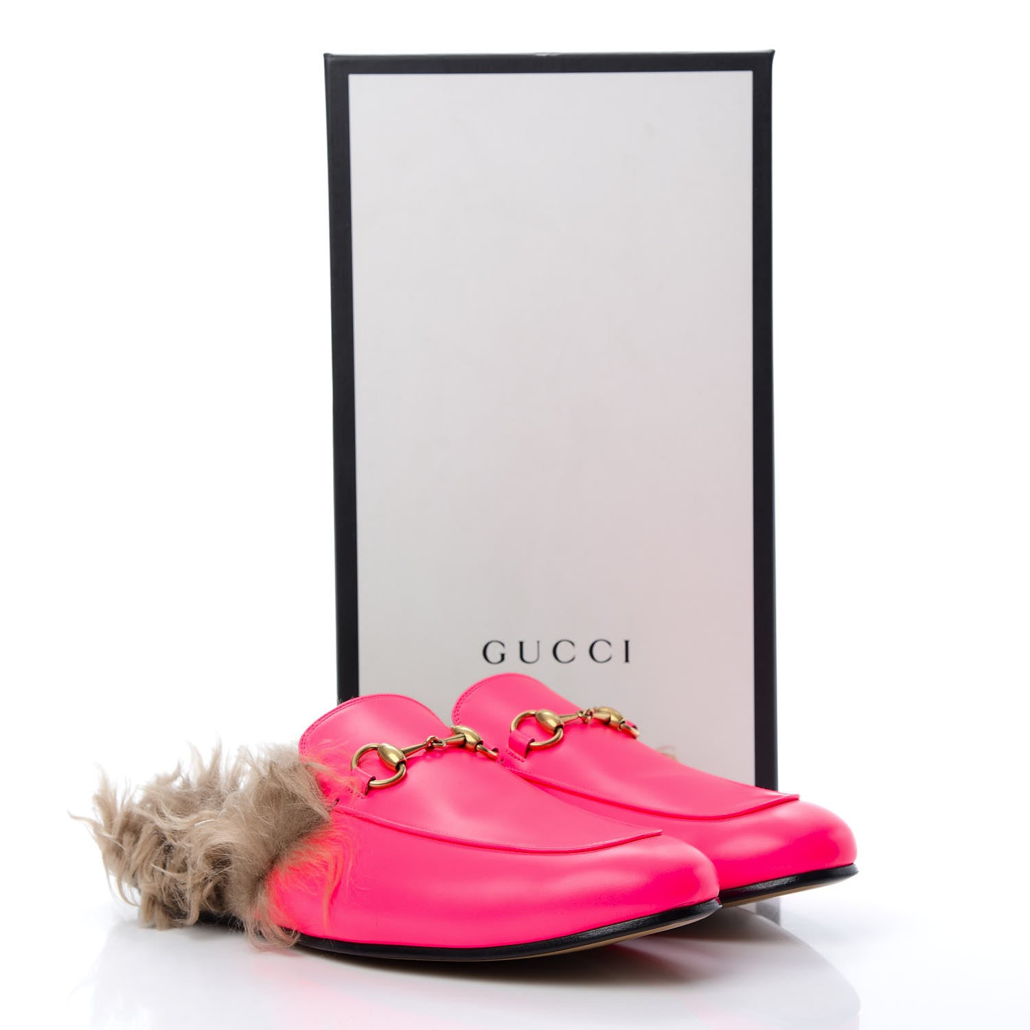 Gucci Calfskin Fur Mens Princetown Slippers 9 Fuxia Fluo Natural 9 of 9