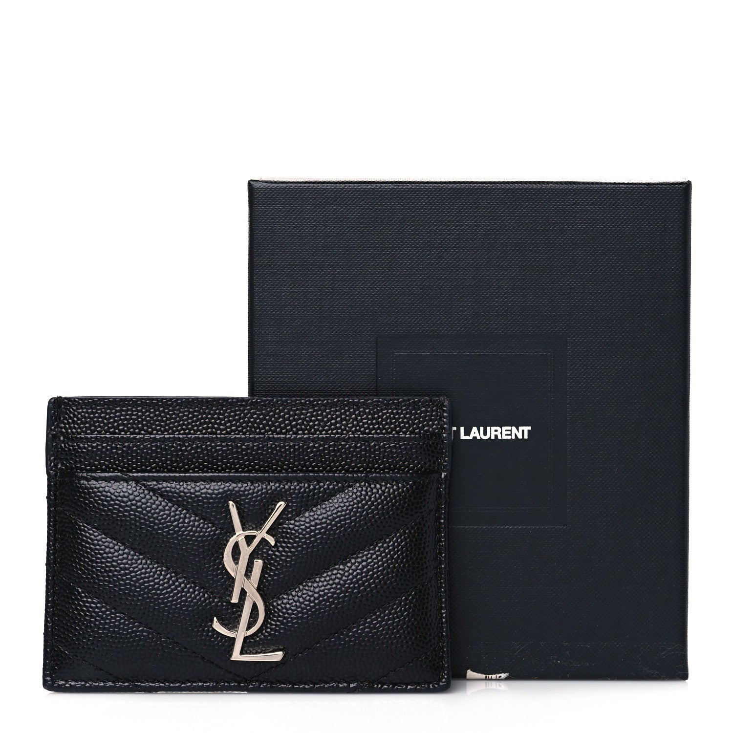 Saint Laurent Grain De Poudre Matelasse Chevron Monogram Credit Card Case Black 6 of 9