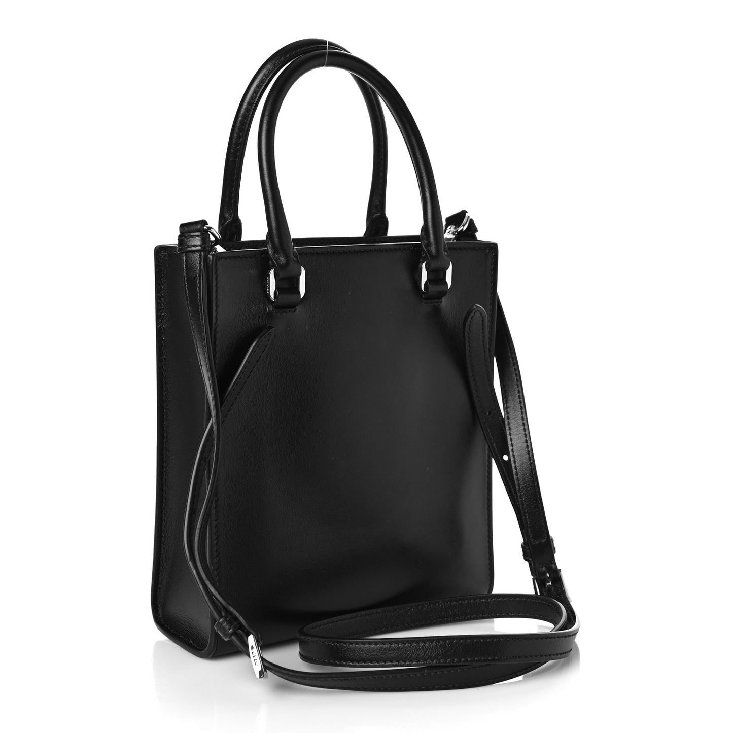 Soft Calfskin Triangle Logo Embossed Small Double Handle Crossbody Tote Black
