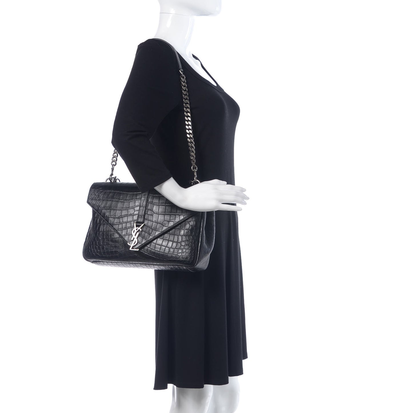 Calfskin Crocodile Embossed Monogram Large College Satchel Black