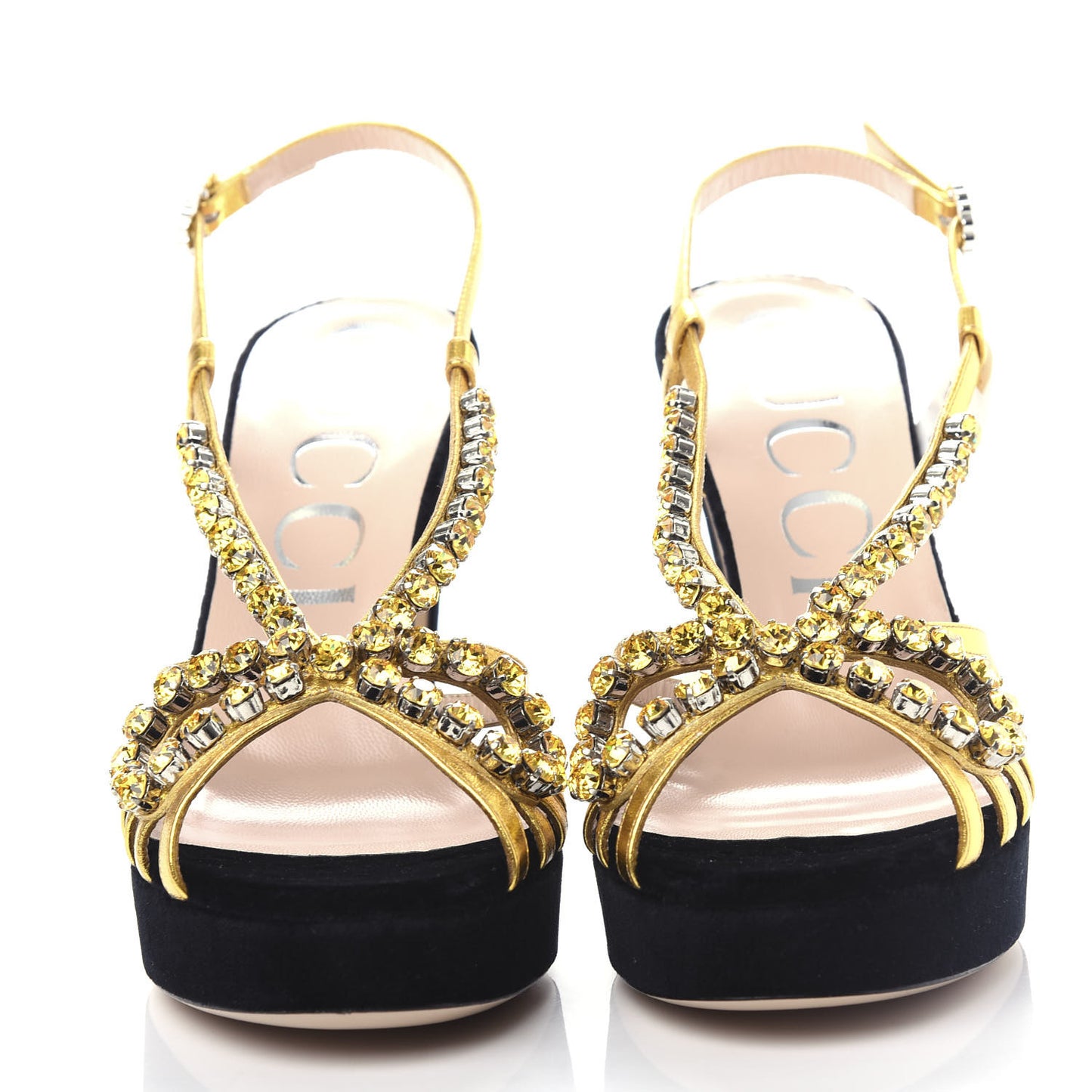 Velvet Nappa Crystal Zephyra Slingback Platform High Heel Sandals 39 Black Gold