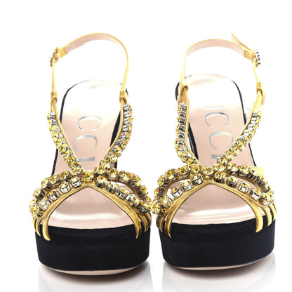Gucci Velvet Nappa Crystal Zephyra Slingback Platform High Heel Sandals 39 Black Gold 5 of 10