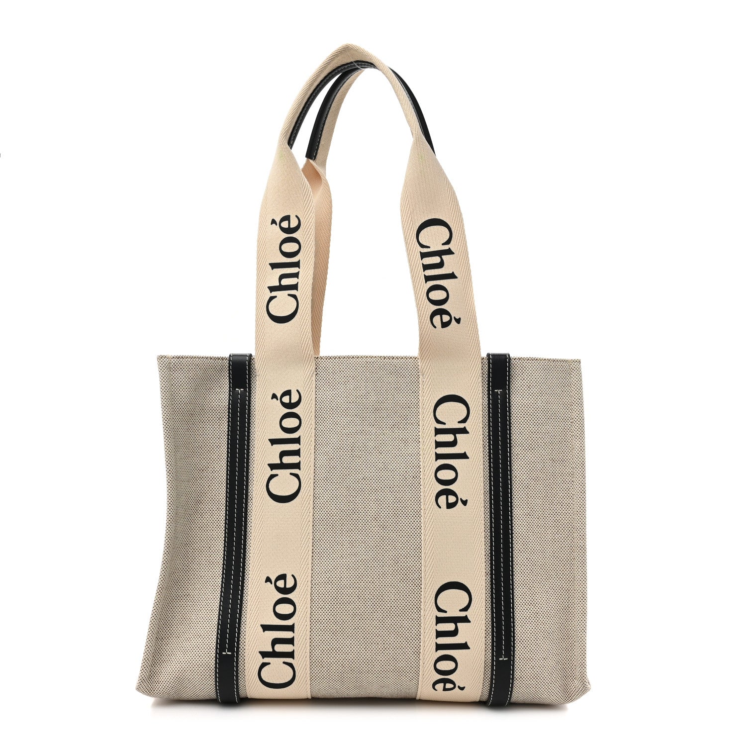 Chloe Cotton Calfskin Medium Woody Ribbon Tote White Black 1 of 8