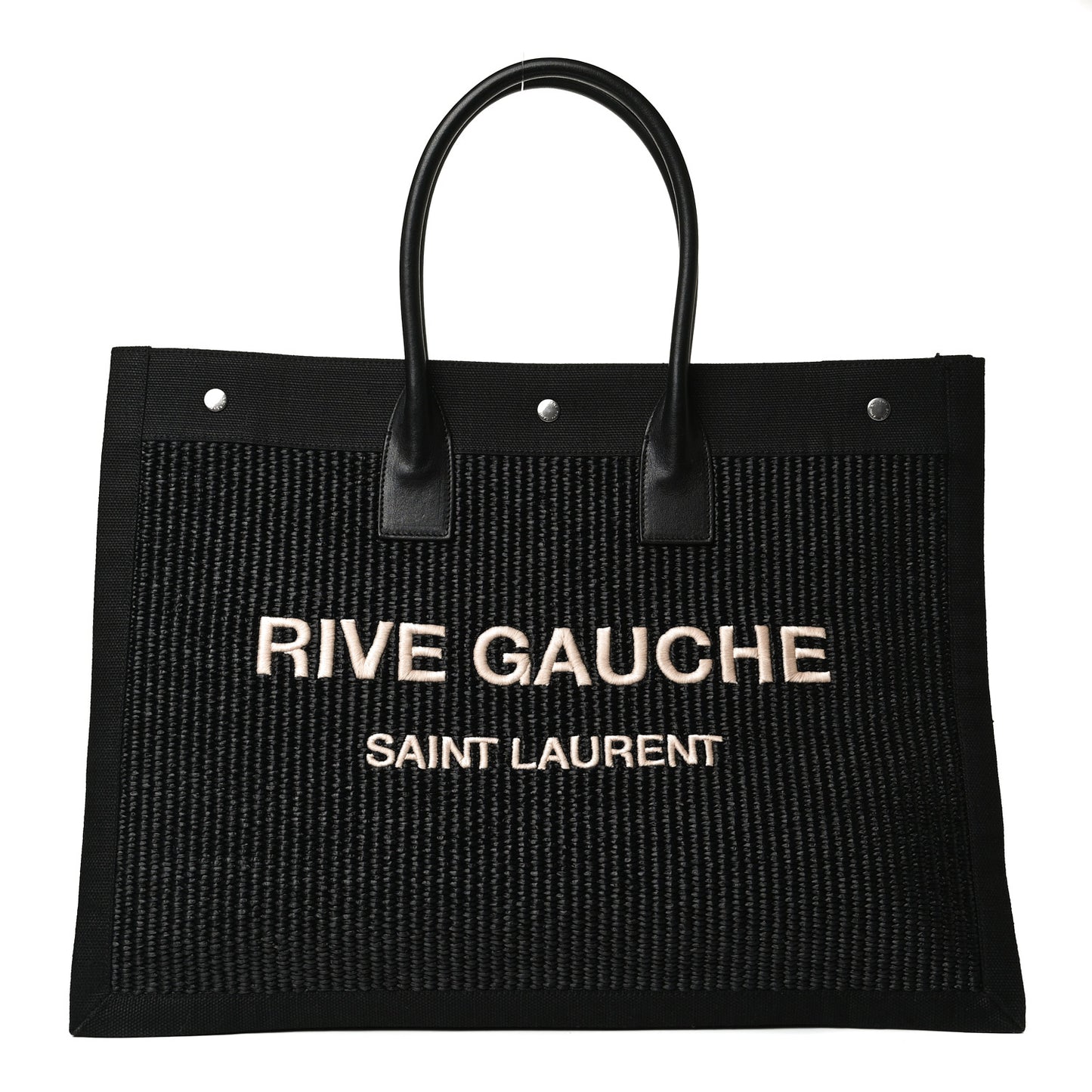 Raffia Linen Calfskin Rive Gauche Tote Black