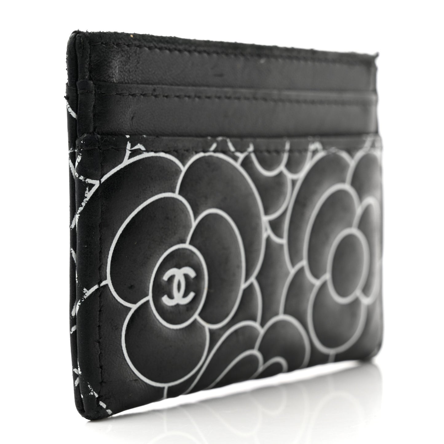 Lambskin Camellia Embossed Card Holder Black White