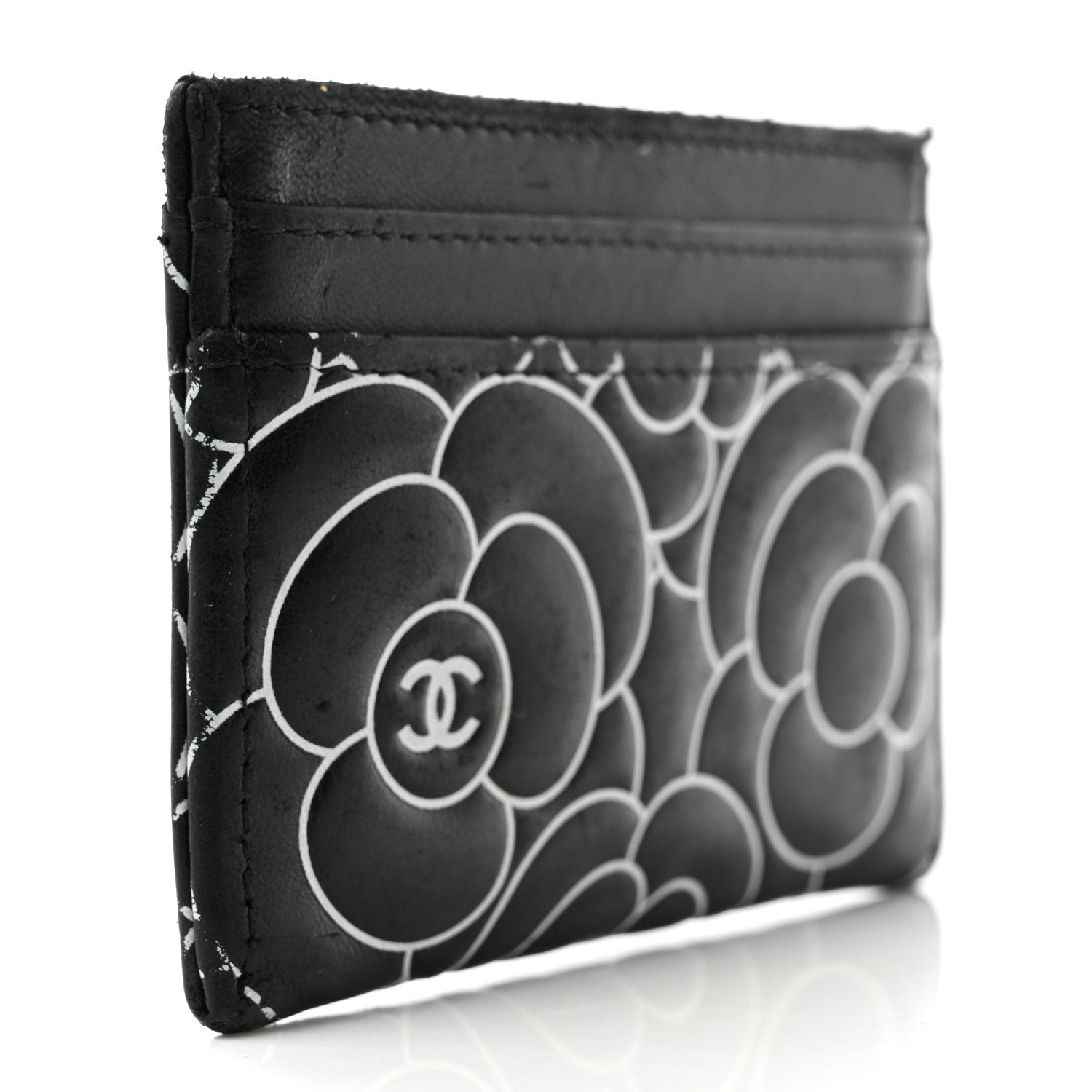 Chanel Lambskin Camellia Embossed Card Holder Black White 3 of 12