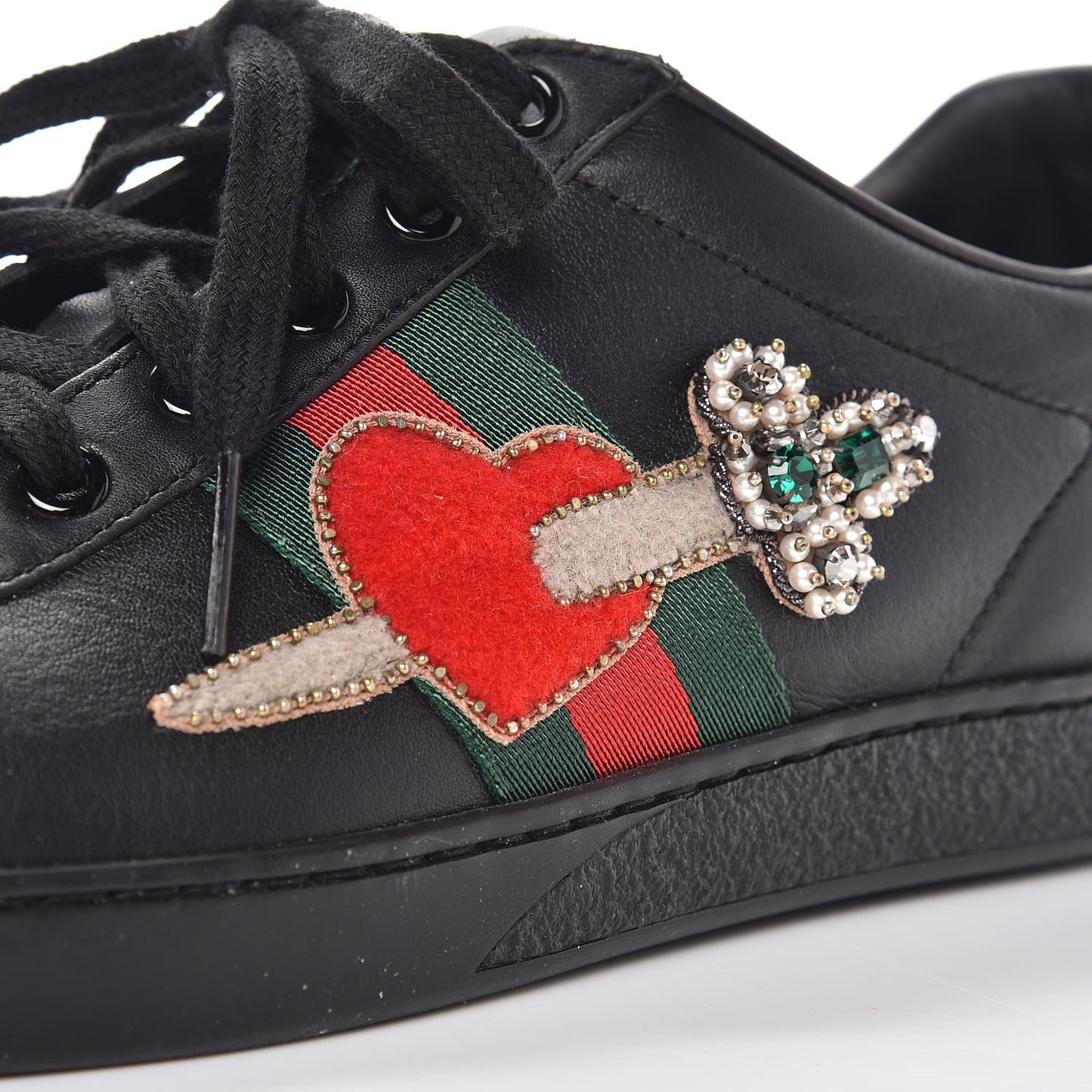Calfskin Ayers Web Pierced Heart Embroidered Ace Sneakers 38.5 Black