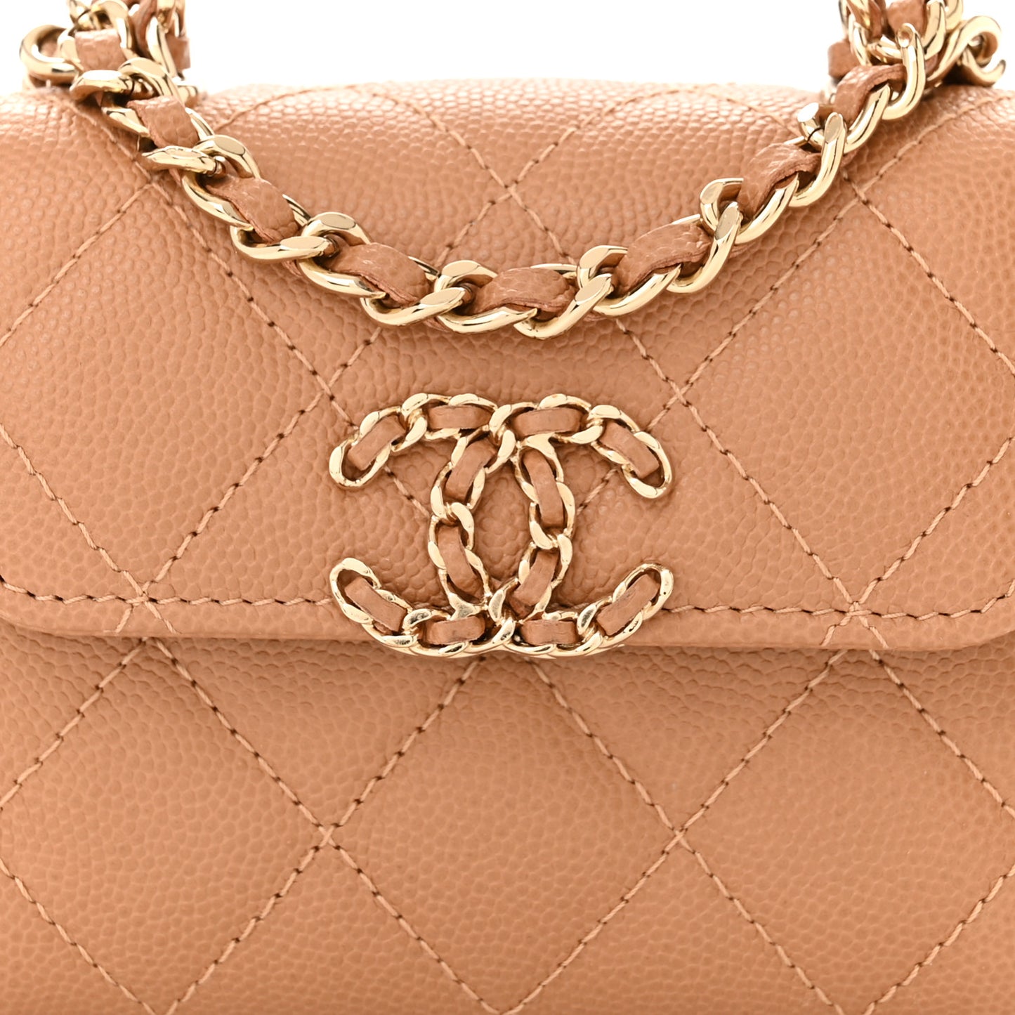 Caviar Quilted Mini Chain Top Handle With Chain Beige