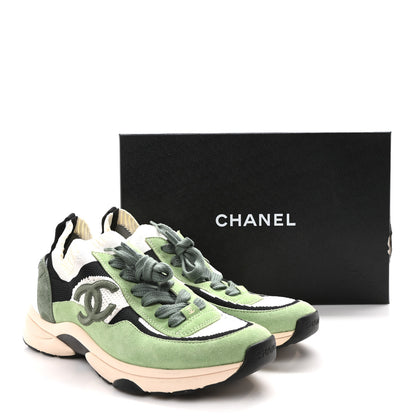 Chanel Knit Suede Fabric Womens CC Sneakers 41 Green Dark Green White Black 9 of 9