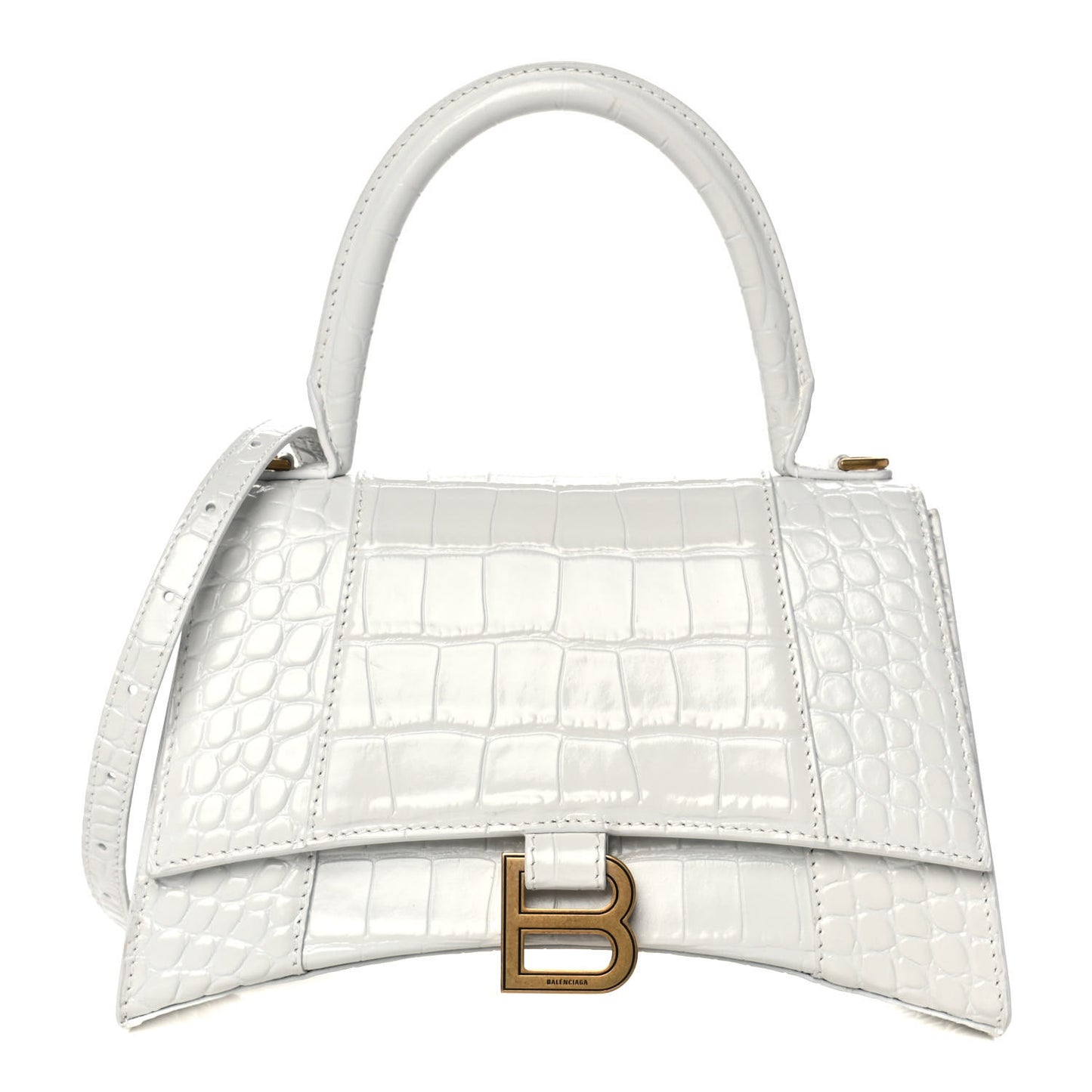 Shiny Calfskin Crocodile Embossed Small Hourglass Top Handle Bag White