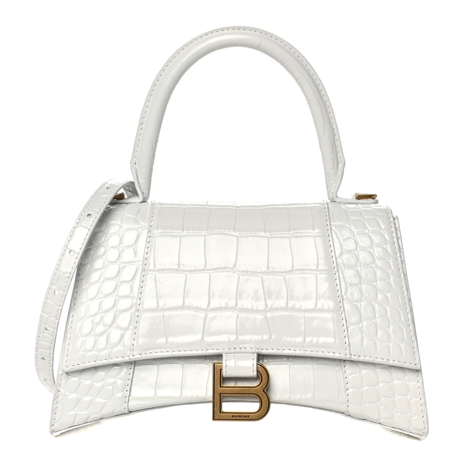 Balenciaga Shiny Calfskin Crocodile Embossed Small Hourglass Top Handle Bag White 1 of 11