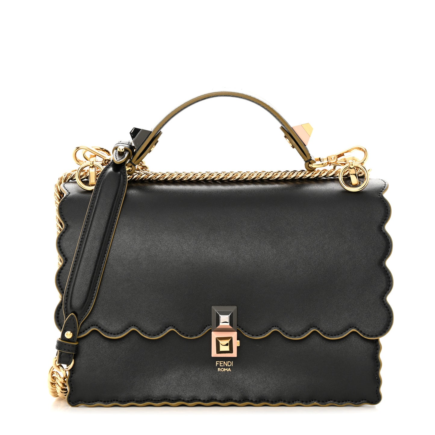 Vitello Liberty Scalloped Studded Kan I Shoulder Bag Black