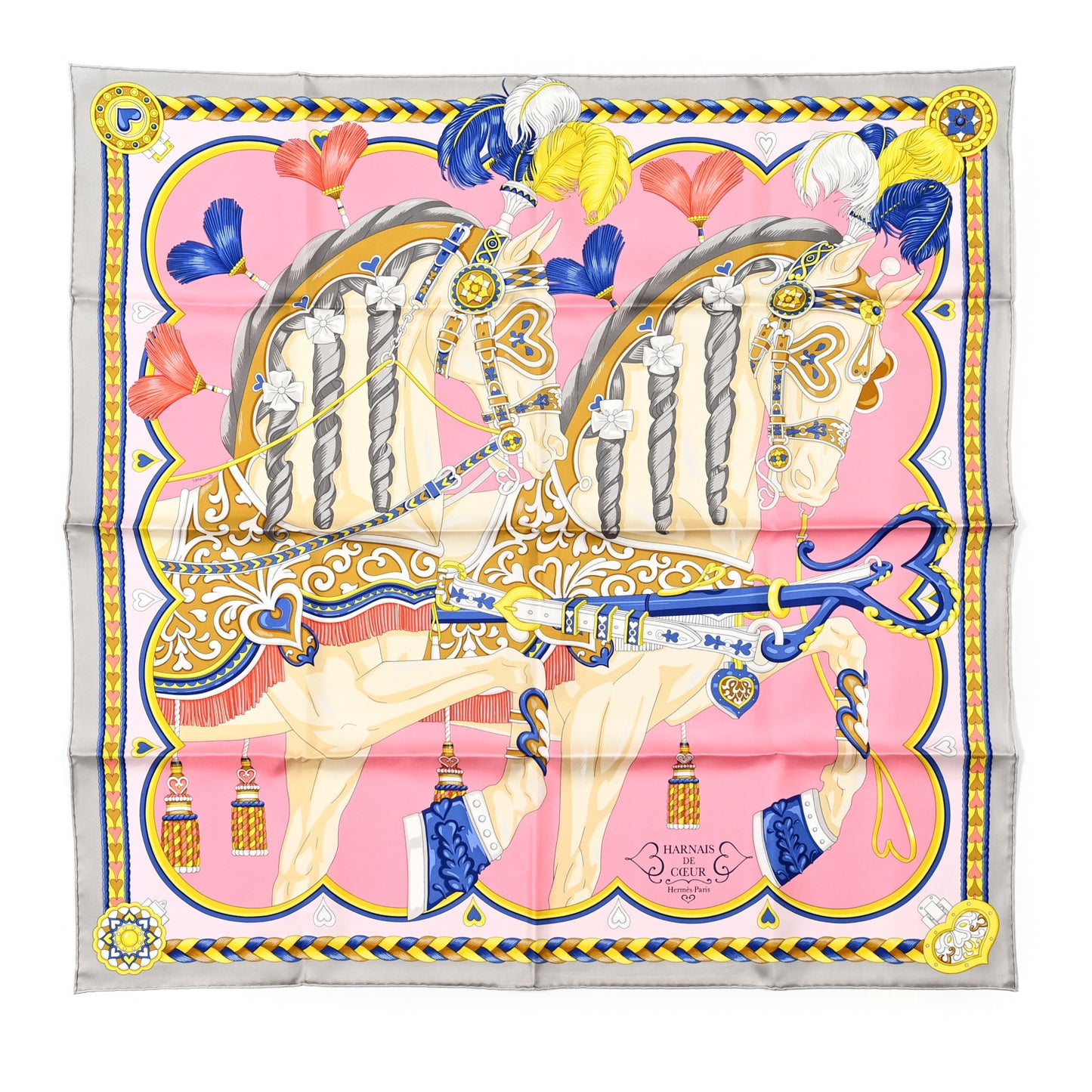Silk Harnais De Cour Scarf 90 Gris Perle Rose Bonbon Bleu