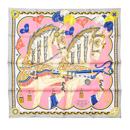 Hermes Silk Harnais De Cour Scarf 90 Gris Perle Rose Bonbon Bleu 1 of 4