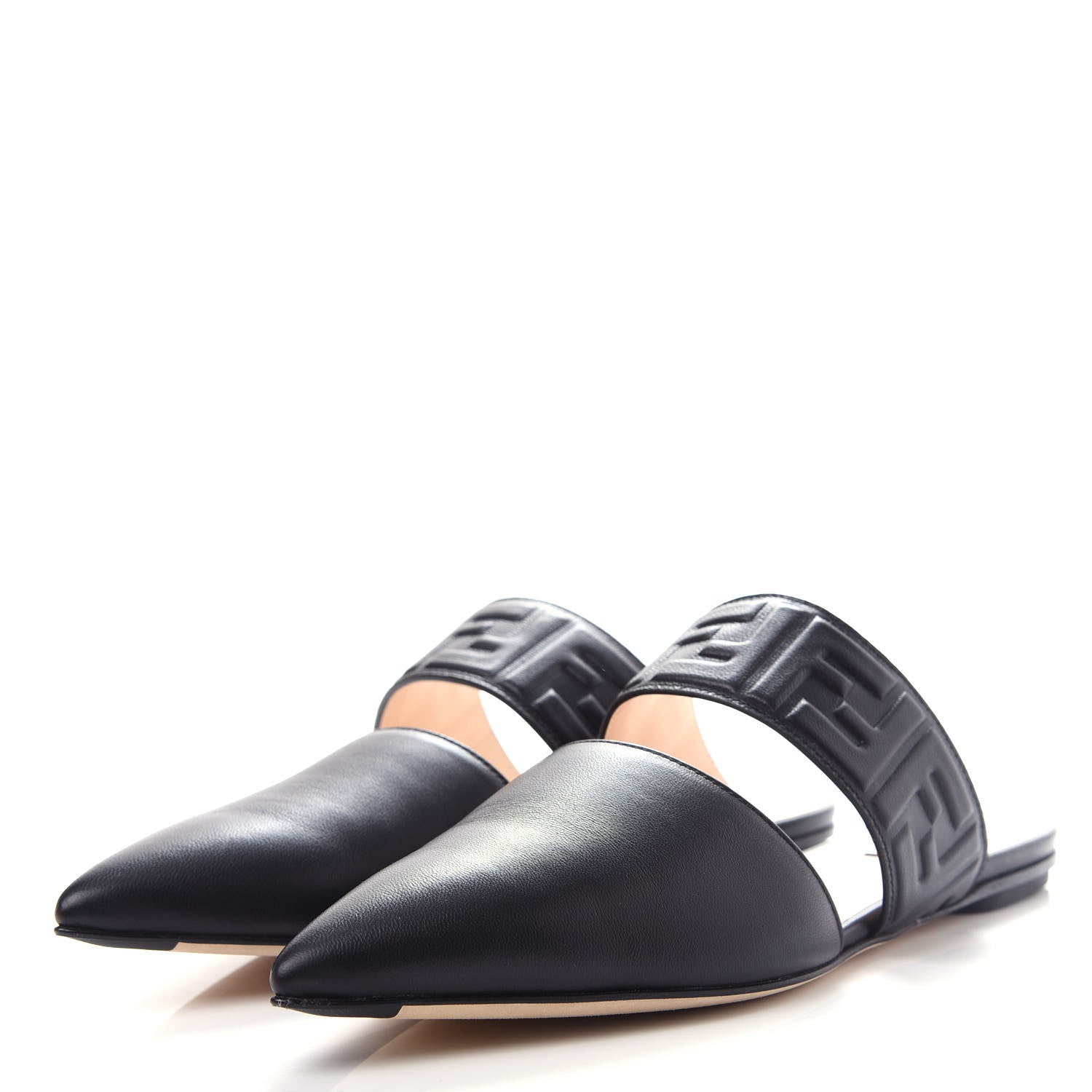 Fendi Vitello FF Embossed Buckle Flat Mules 37 Maya Black 5 of 12