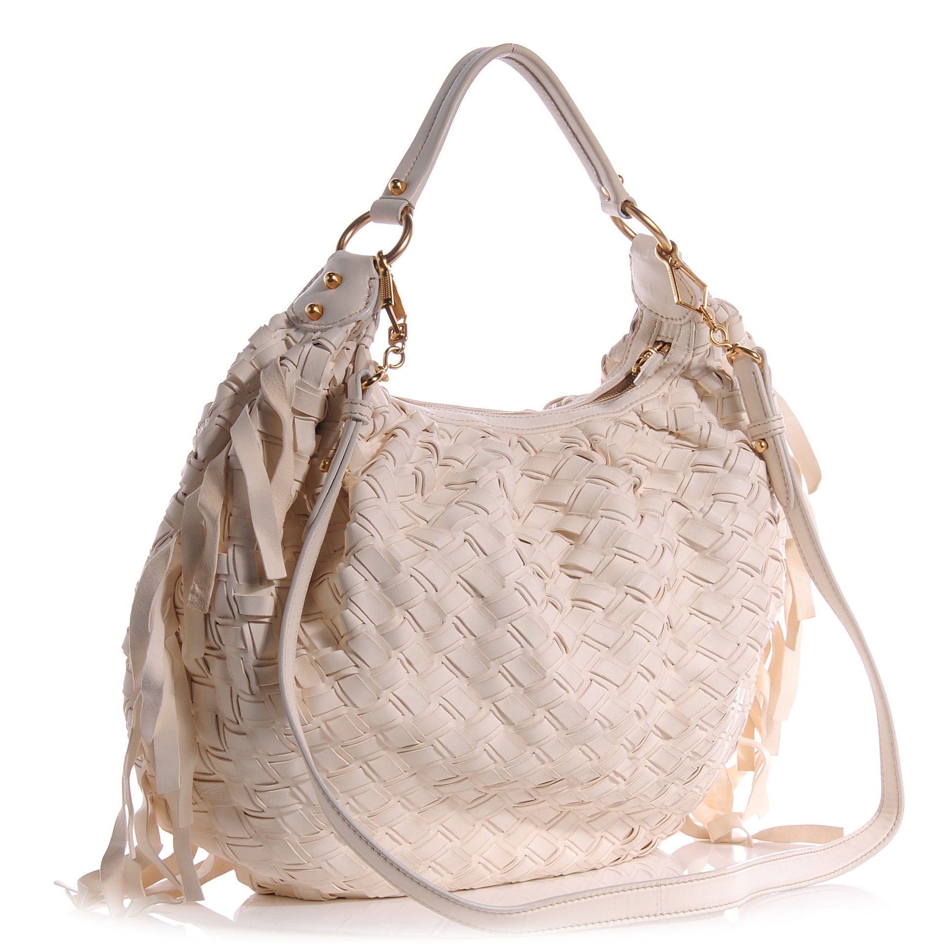 Miu Miu Woven Leather Fringe Hobo 3 of 9