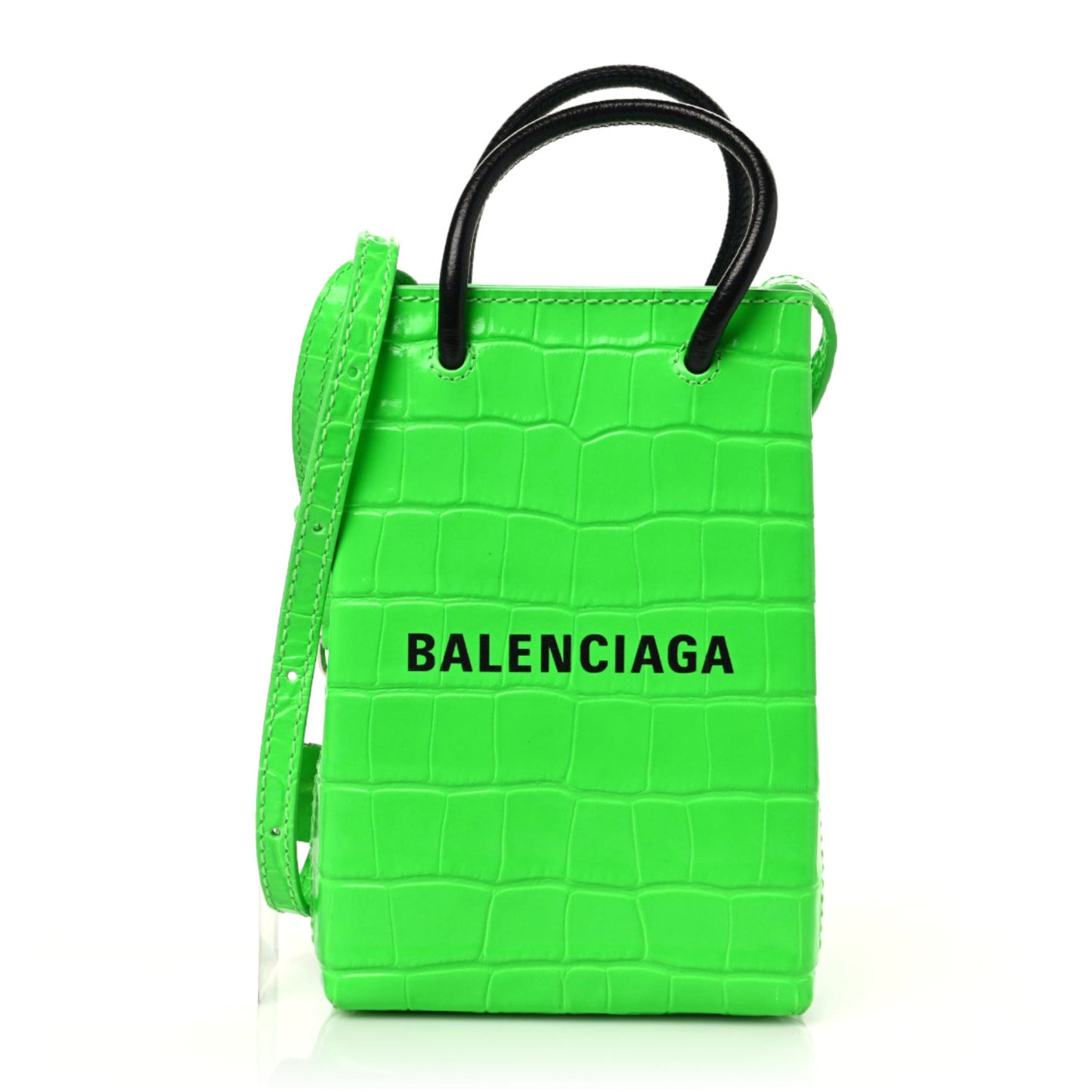 Shiny Calfskin Crocodile Embossed Logo Shopping Phone Holder Bag Fluo Green Black