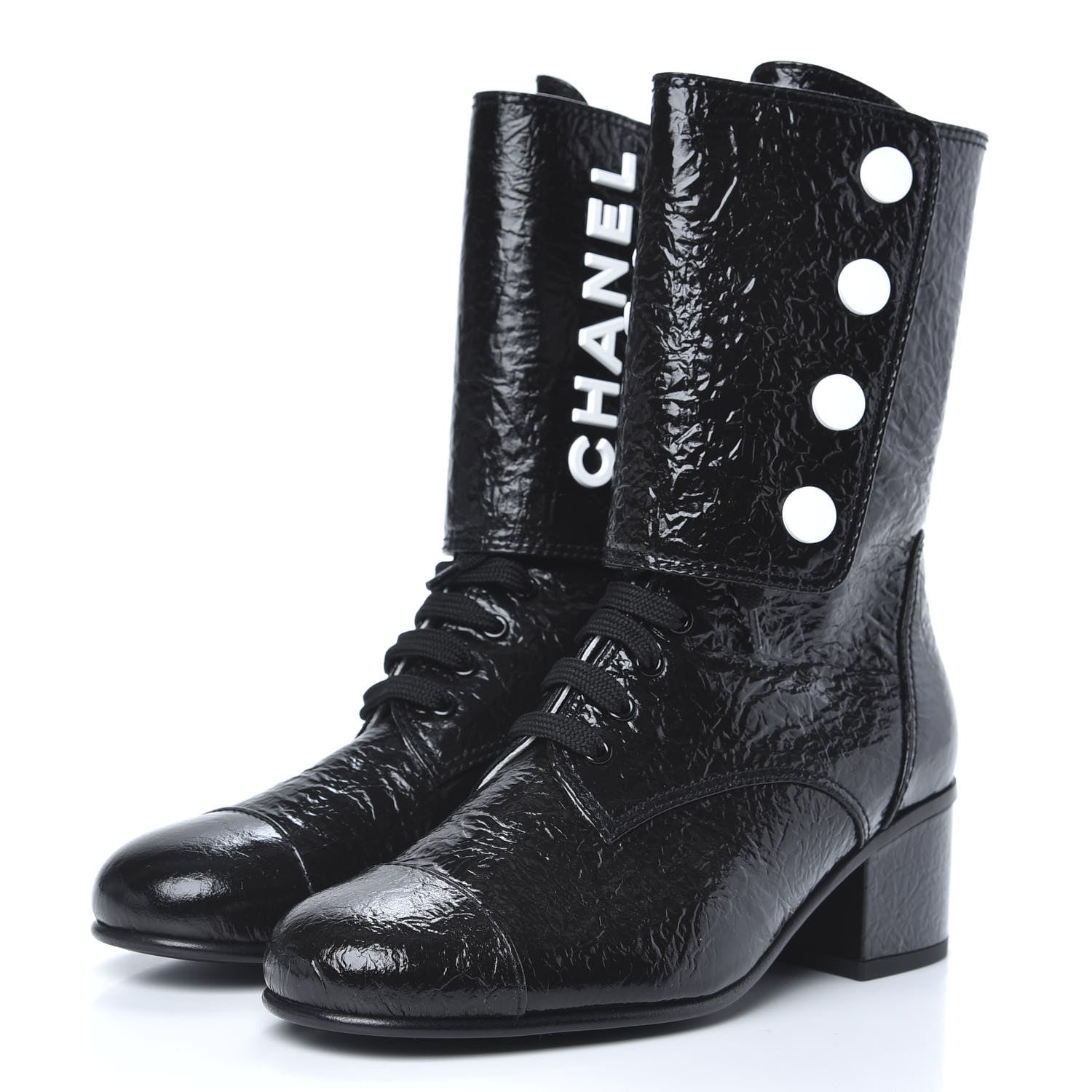 Chanel Patent Goatskin Cap Toe CC Lace Up Boots 38 Black 3 of 9