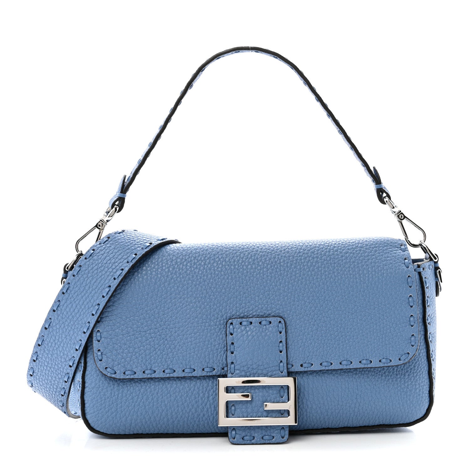Fendi Cuoio Roma Sellerissima Nappa Sintetica Tape Stitch Baguette Placca Placca Argento Blue 1 of 15