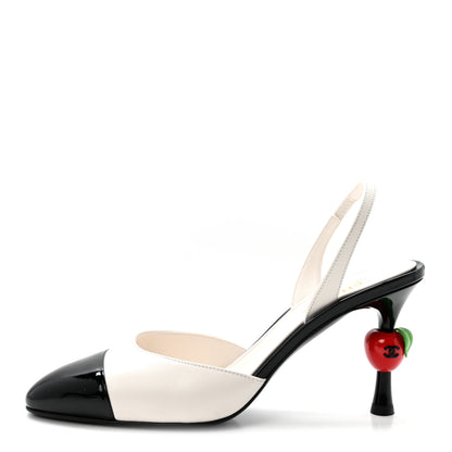 Chanel Lambskin Patent Calfskin Cap Toe CC Apple Slingback Pumps 38 White Black 1 of 10