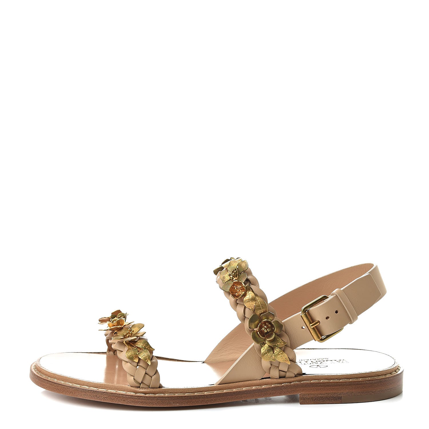 Valentino Garavani Nappa Flower Braid Flat Sandals 37.5 Naturale 1 of 10
