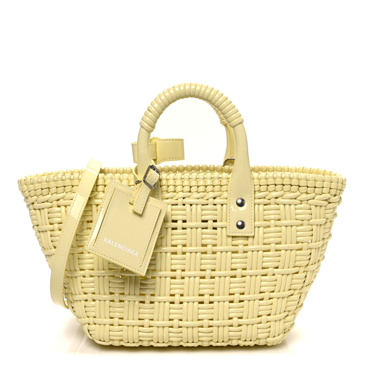 Balenciaga Varnished Faux Calfskin Braided XS Bistro Basket Pale Yellow 1 of 11