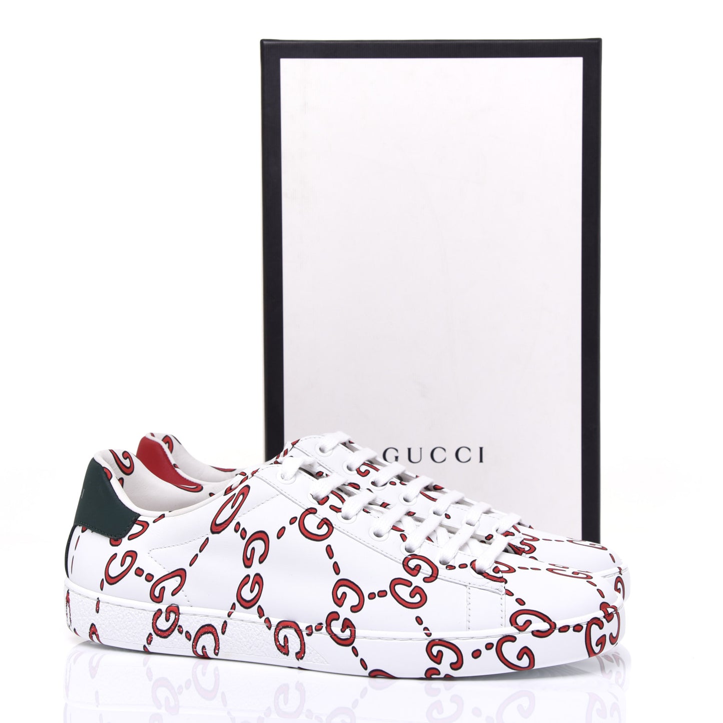 Calfskin GucciGhost Print Womens Ace Sneakers 39.5 White Hibiscus Red
