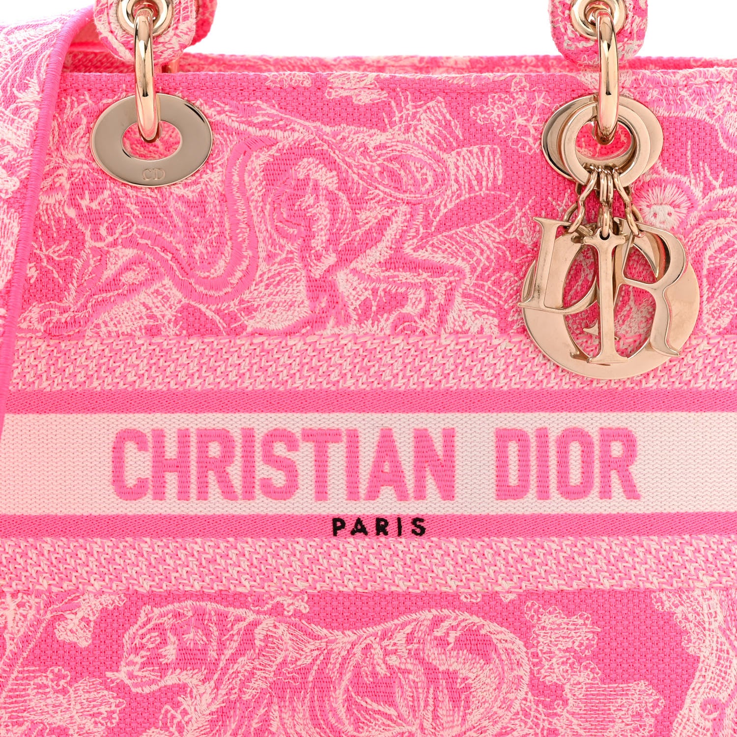 Christian Dior Canvas Toile De Jouy Reverse Embroidered Medium Lady D-Lite Fluorescent Pink 8 of 10