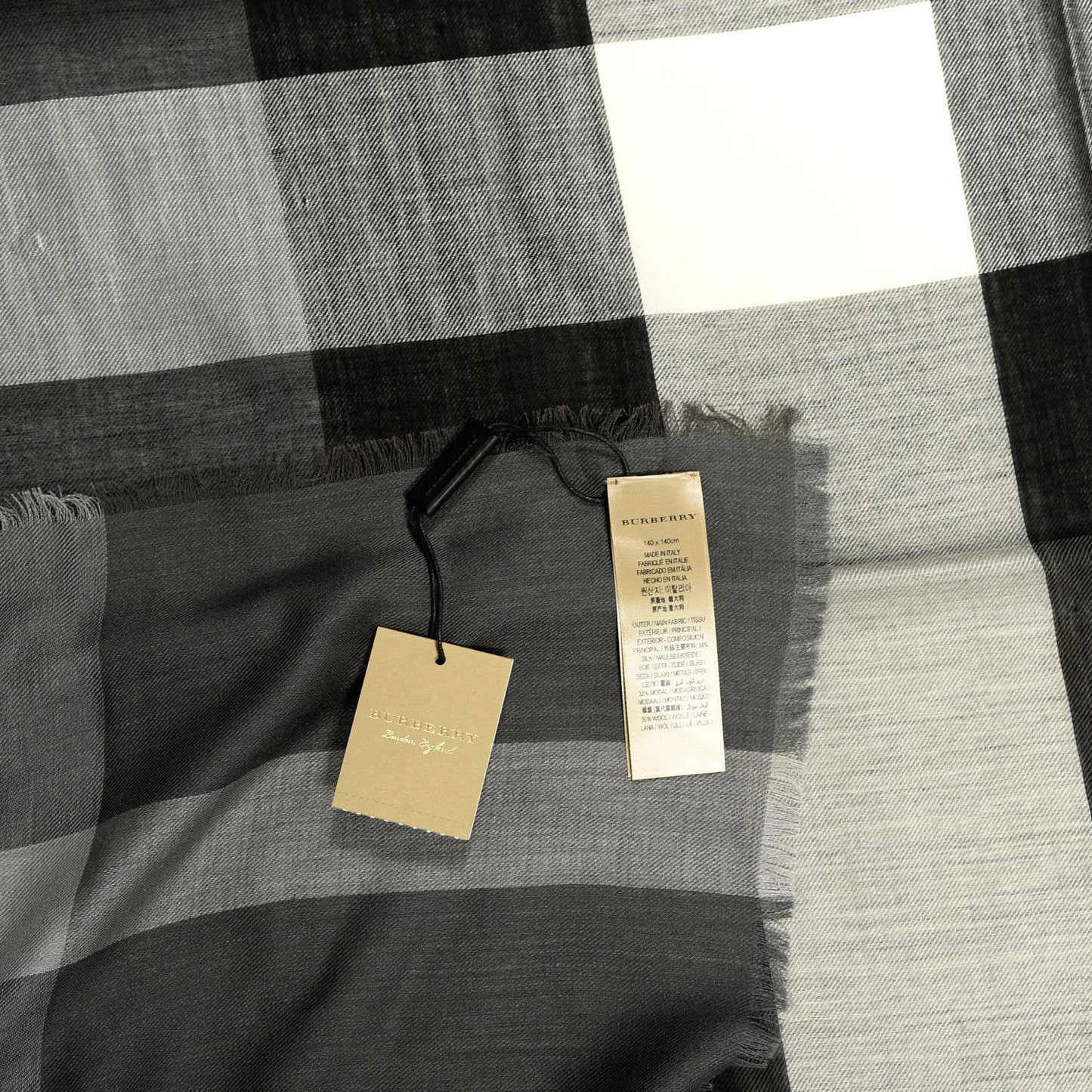Silk Modal Wool Cashmere London Check Lightweight Square Scarf Mid Grey