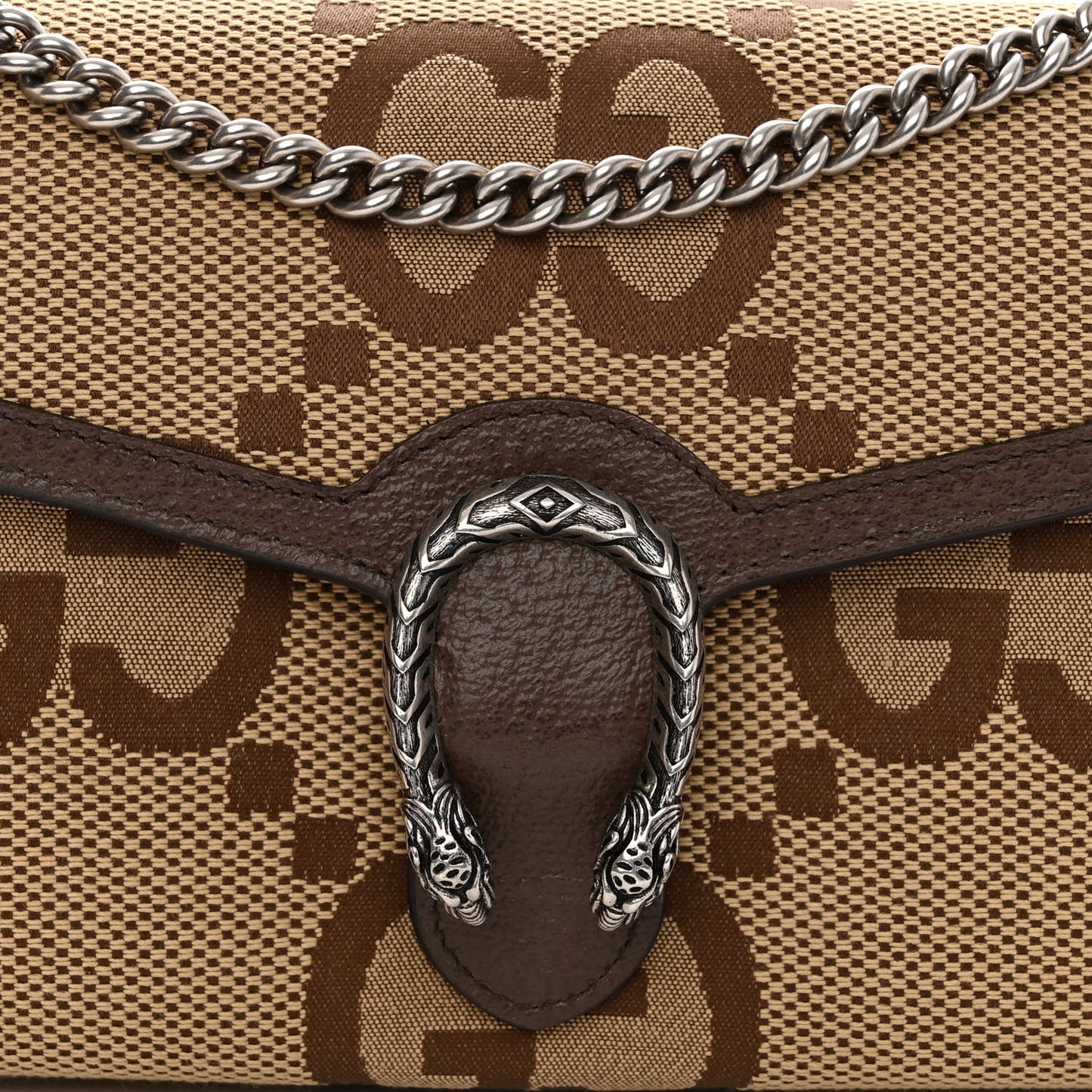 Monogram Jumbo GG Textured Dollar Calfskin Mini Dionysus Chain Wallet Camel Ebony New Acero