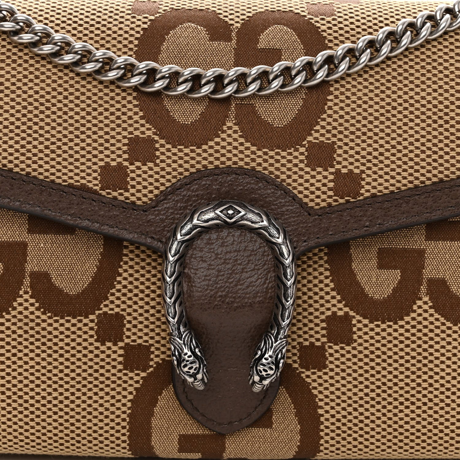 Gucci Monogram Jumbo GG Textured Dollar Calfskin Mini Dionysus Chain Wallet Camel Ebony New Acero 8 of 13